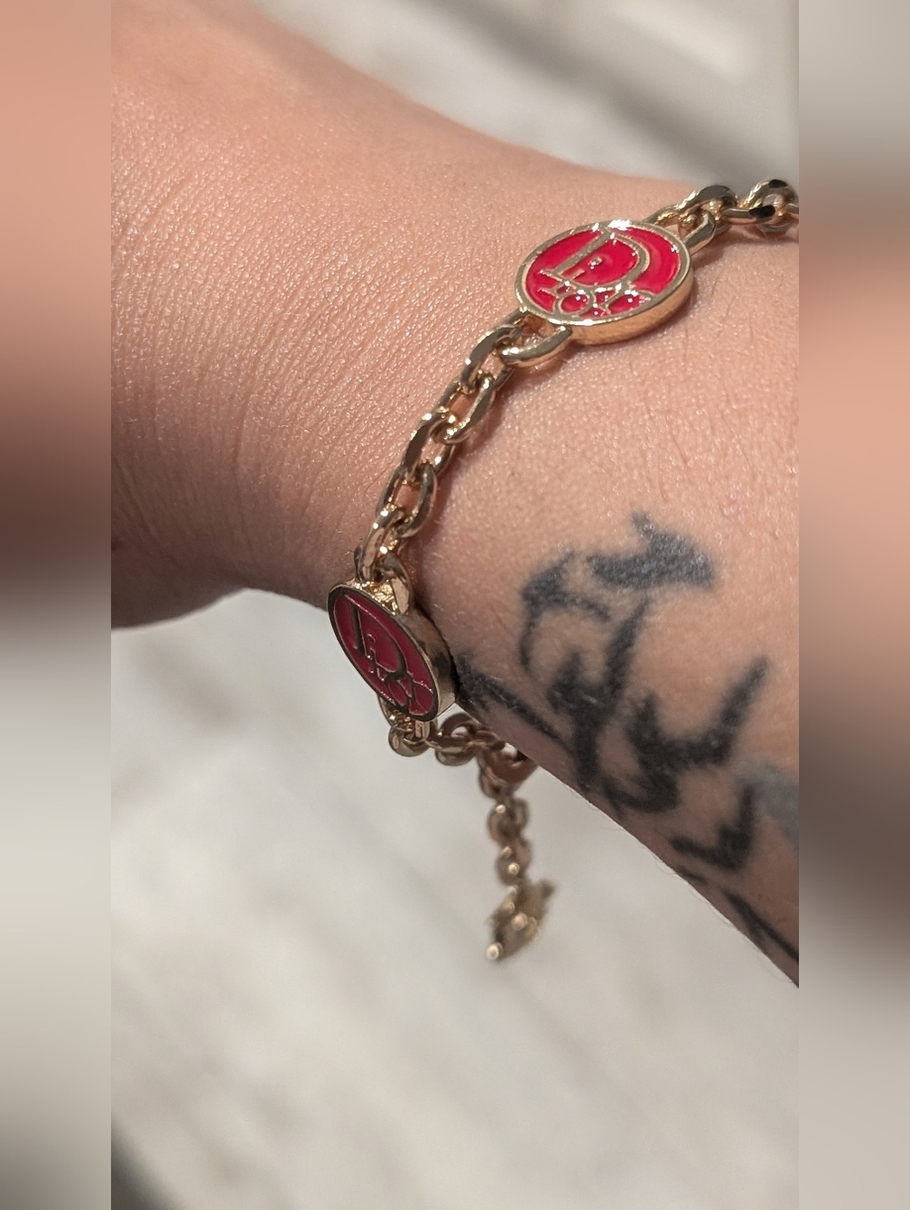 Dior Gold Chain Bracelet with Red Logo Medallions - Picture 10 of 10